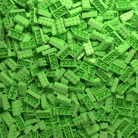 Green plastic toy bricks background. Educational toy for children. Pile of child's building blocks. 3D Rendering illustrationの写真素材