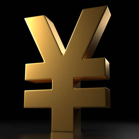 Golden yen sign isolated on black background. 3d rendering illustrationの写真素材