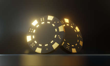 Casino chips isolated on the black background. Casino game 3D chips. Online casino banner. Black chip. Gambling concept. 3D rendering illustrationの写真素材