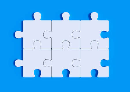 White jigsaw puzzle on blue background with copy space. Connected blank puzzle pieces. Business strategy Teamwork and problem solving concept. Minimal creative concept. 3d rendering illustrationの写真素材