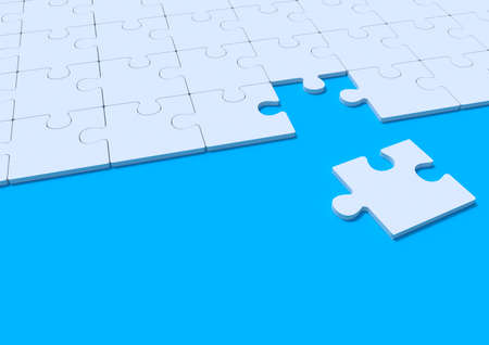 White jigsaw puzzle on blue background with copy space. Connected blank puzzle pieces. Business strategy Teamwork and problem solving concept. Minimal creative concept. 3d rendering illustrationの写真素材