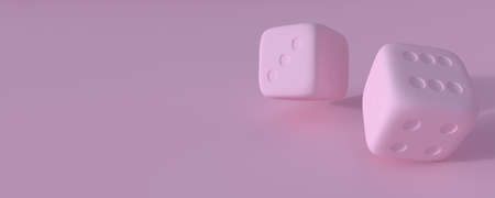 Two rolling dice, poker dice, ivories, bone, devil's bones on bright background in purple pastel colors with copy space. Gaming and gambling. Random numbers. Luck and chance. 3D render illustrationの写真素材