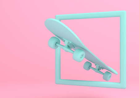 Aquamarine skateboard in a frame on bright pink background in pastel colors. Minimalism concept. 3d...