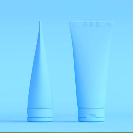 blue cream tube. packaging tube. Plastic tube for medicine or cosmetics cream, gel, skin care, toothpaste. packaging mockup with clipping path isolated on pastel background. 3d rendering illustrationの写真素材