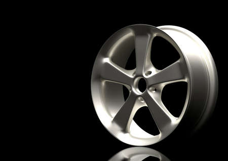Aluminum alloy car wheel. Silver alloy rim for car, tracks on black background. 3d rendering illustrationの写真素材