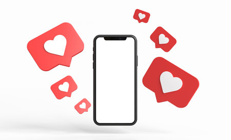Social media like icons with a modern smartphone with blank screen on a white background. Minimal...