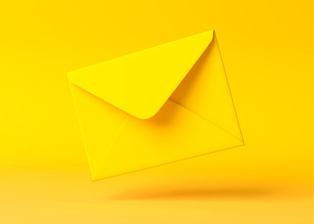 Envelope falling on the ground on a yellow backgorund. Email notification. Minimal design. 3D...