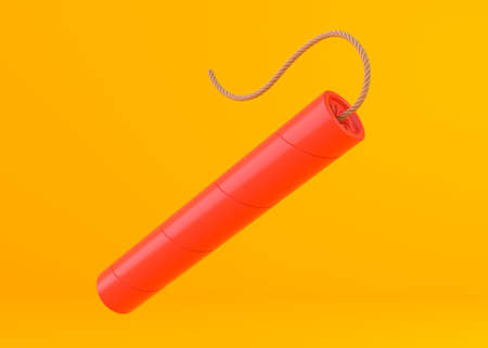 Red dynamite sticks, TNT with wick on yellow background. Explosive supplies. Creative minimal concept. 3D rendering illustrationの写真素材