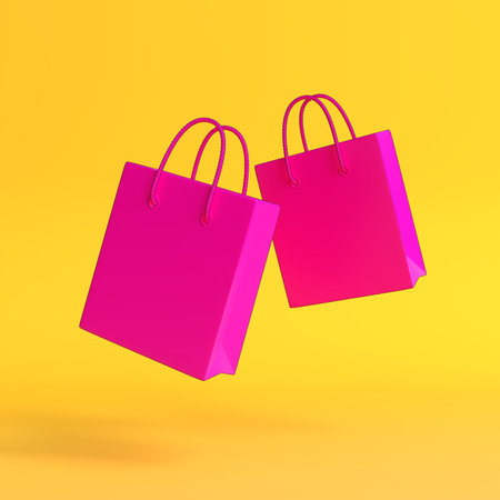 Flying empty shopping bags on the yellow background, copy space text, creative concept. 3d render illustrationの写真素材