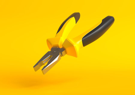 Yellow-black pliers isolated on yellow background. Repair and installation tool. 3d render...