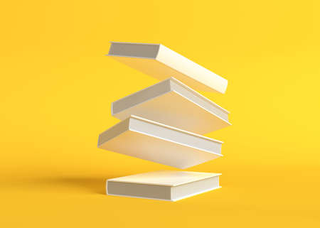 Flying books on pastel yellow background. Levitation. Education concept. 3d rendering illustrationの写真素材