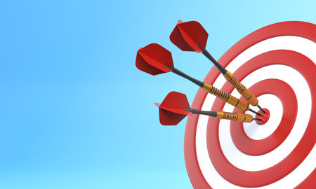 Three darts hitting a red target on the center on blue background with copy space. 3d render...