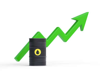 Single Black Oil Barrel With Green Rising Arrow isolated on white background. 3d rendering illustrationの写真素材