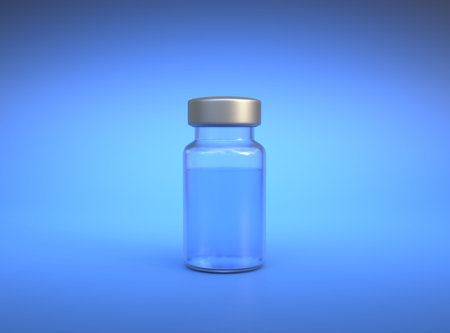 Transparent glass bottle for virus vaccine and other viruses on a blue background. Immunization and...