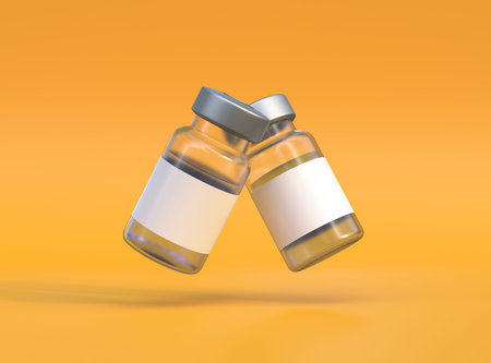 Transparent glass bottles for virus vaccine and other viruses on a yellow background. Immunization...