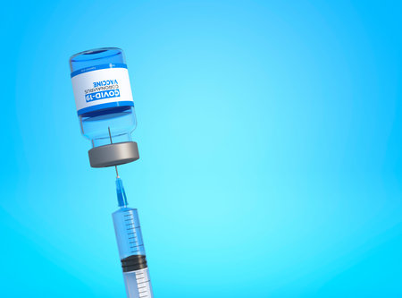 Medical needle entering into a glass vial of vaccine on blue background. Vaccine for virus, global...