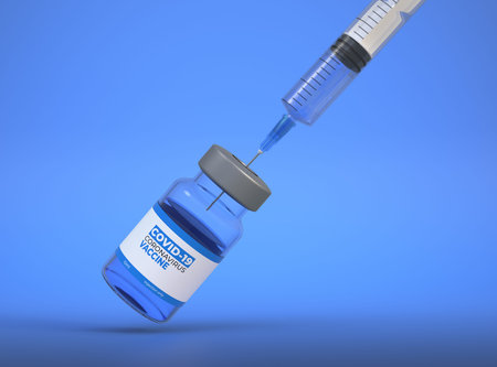 Medical needle entering into a glass vial of vaccine on blue background. Vaccine for virus, global...