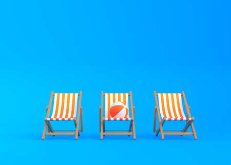 Striped deck chairs and beach ball on a blue background. Concept of summer vacation or holiday on the beach. 3d rendering, 3d illustrationの写真素材