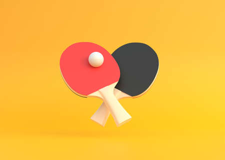 Red and black rackets for table tennis with white ball on yellow background.  pong sports equipment. Minimal creative concept. 3d rendering illustrationの写真素材