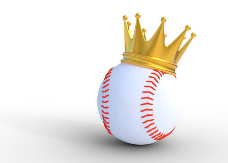 Baseball ball crowned with a gold crown isolated on white background. 3D rendering illustration