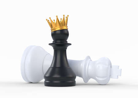 Black chess pawn crowned with a gold crown isolated on white background. 3D rendering illustrationの写真素材