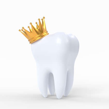 White human tooth crowned with a gold crown isolated on white background. 3D rendering illustrationの写真素材