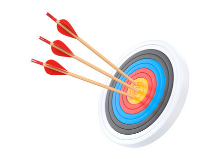 Archery target with three arrows isolated on white background. Dartboard and bullseye. Business...