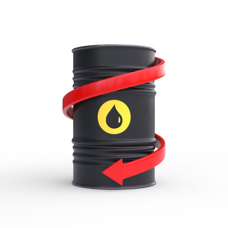 Single Black Oil Barrel With Red Falling Arrow isolated on white background. 3d rendering illustrationの写真素材