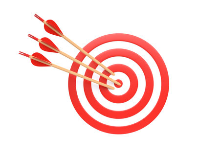 Archery target with three arrows isolated on white background. Dartboard and bullseye. Business...