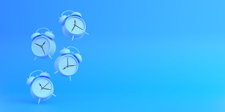 Blue table alarm clocks falling on the floor with bright blue background in pastel colors. Minimal...