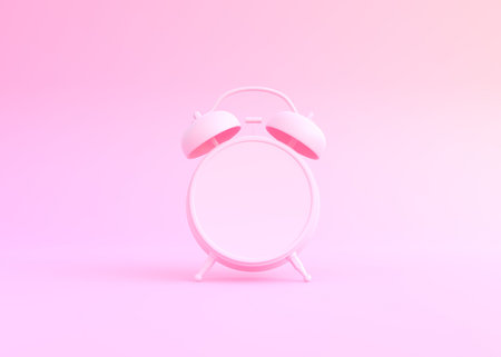 Pink table alarm clock on bright pink background in pastel colors. Minimal creative concept. 3d...