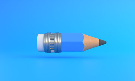 Funny small sharp wooden pencil with rubber eraser flying on blue background. Minimal creative...