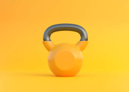 Yellow kettlebell on yellow background. Heavy weights. Gym and fitness equipment. Workout tools. Muscle exercise, bodybuilding or fitness concept. Creative minimal concept. 3D rendering illustrationの写真素材