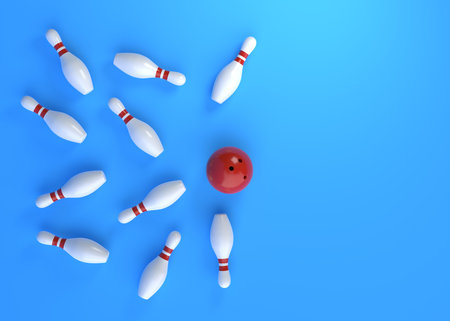 Bowling ball hits all the skittles on blue background. Creative minimal concept. 3d rendering...