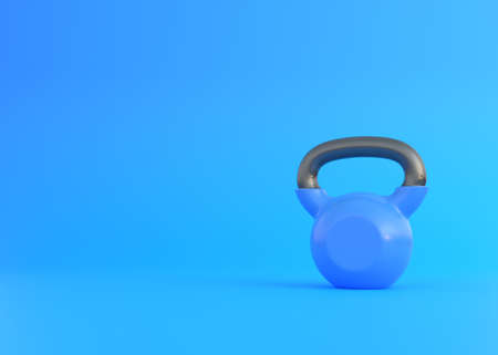Blue kettlebell on blue background. Fitness, sport training and lifting concept. Gym equipment. Workout tools. 3d rendering illustrationの写真素材