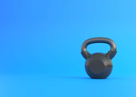 Realistic black Iron kettlebell on blue background. Gym and fitness equipment. Workout tools. Sport training and lifting concept. 3D rendering illustrationの写真素材