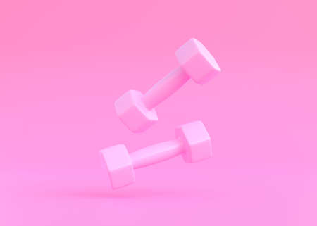 Pink rubber or plastic fitness dumbbells on yellow background. Gym and fitness equipment. Workout tools. Sport training and lifting concept. 3D rendering illustrationの写真素材