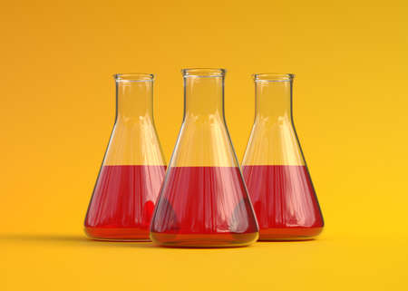 Three erlenmeyer flask with red liquid on yellow background. Chemistry flask, Laboratory glassware, equipment. Minimal concept. 3d rendering illustrationの写真素材