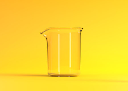 Empty beaker on yellow background. Chemistry flask, Laboratory glassware, equipment. Minimal concept. 3d rendering illustrationの写真素材