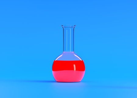 Flask with red liquid flies on blue background. Chemistry flask, Laboratory glassware, equipment....