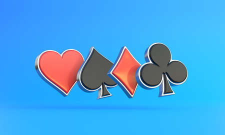 Aces playing cards symbol clubs, diamons, spades and hearts with red and black colors isolated on the blue background. 3d render illustrationの写真素材