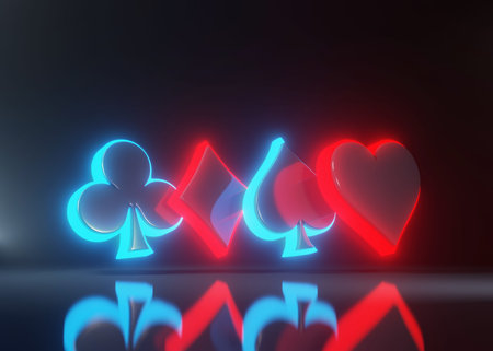 Aces playing cards symbol clubs, diamons, spades and hearts with futuristic red and blue glowing...