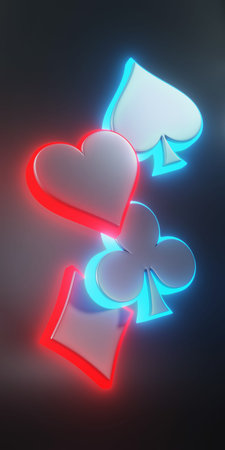 Aces playing cards symbol clubs, diamons, spades and hearts with futuristic red and blue glowing...