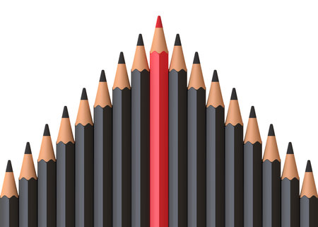 Red pencil standing out from crowd of plenty of identical black fellows on white table. Leadership,...