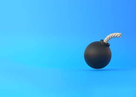 Stylized black spherical bomb isolated over blue background. minimal creative concept. 3D rendering illustrationの写真素材