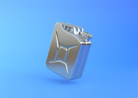 Silver Jerrycan gasoline canister on a bright blue background with copy space. minimal creative...