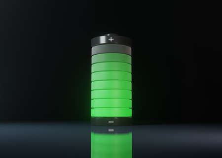 Charged battery with glowing green light isolated over black background. 3D renderingの写真素材