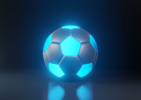 Soccer ball or football with futuristic blue glowing neon lights on a dark background with copy space in a conceptual image. 3d rendering illustrationの写真素材