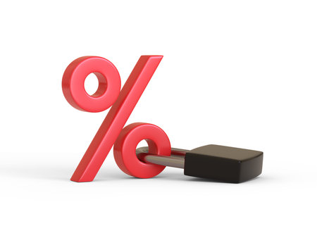 Red percentage sign locked with keypad lock on a white background with copy space. minimal creative...