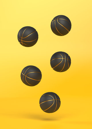 Many basketballs are falling on a bright yellow background with copy space. Minimal creative sports concept. 3d rendering 3d illustrationの写真素材
